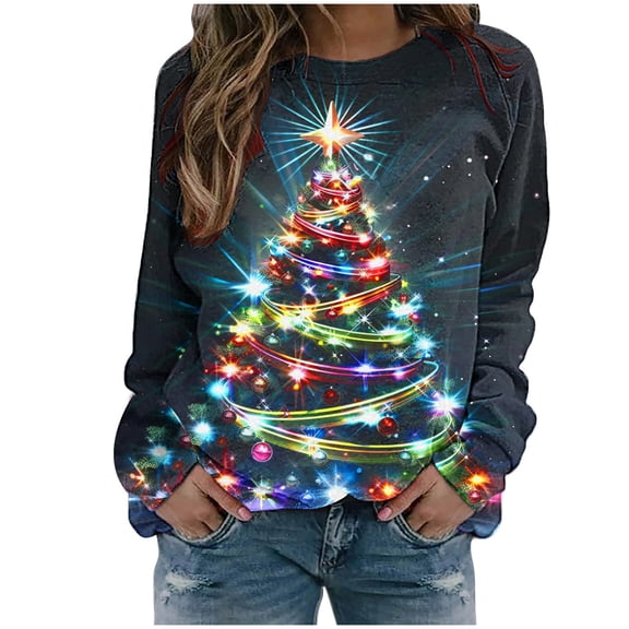 Plus Size Women Christmas Shirts Christmas Tree Printed Fleece T-Shirts Long Sleeve Crew Neck Holiday Xmas Pullover Tops
