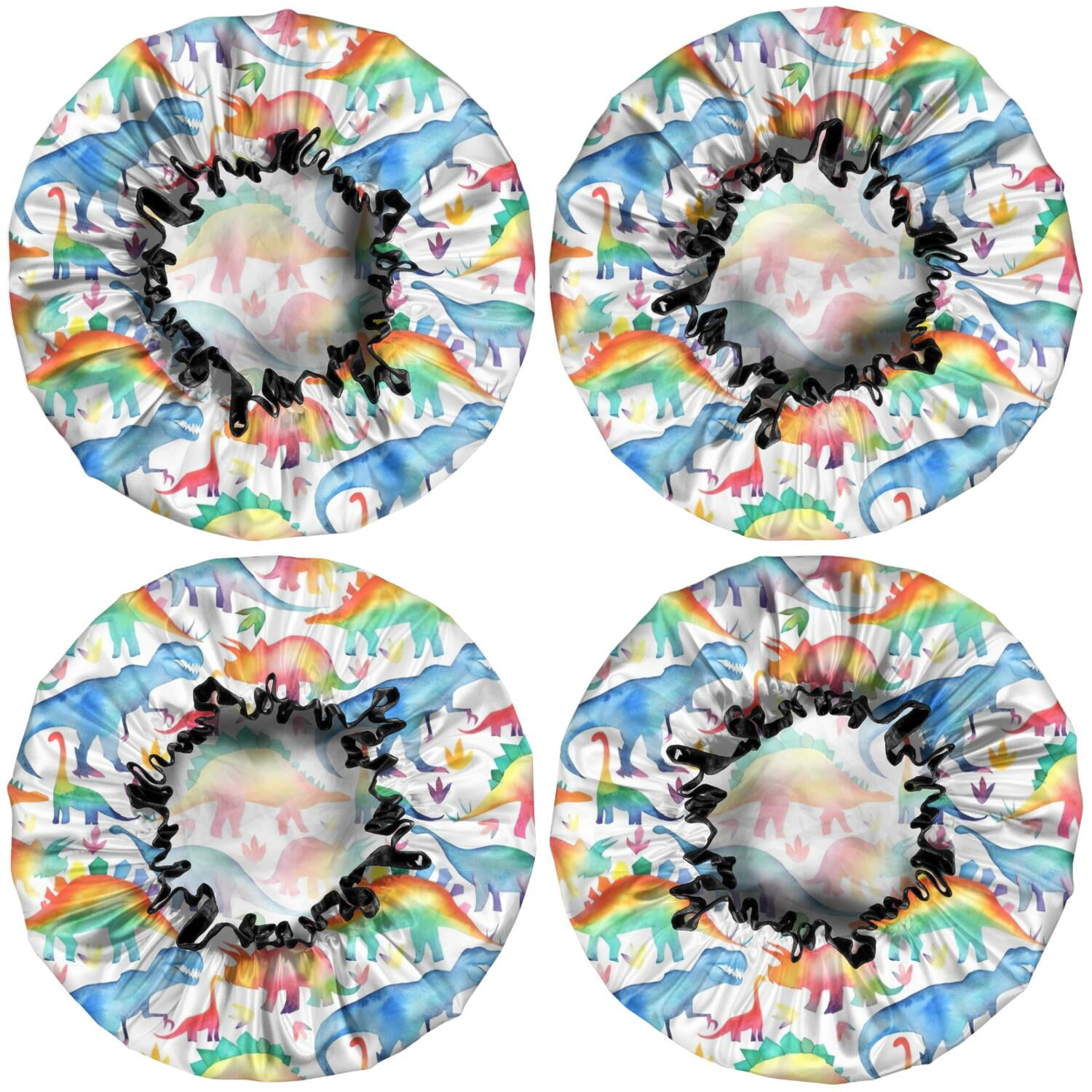 Shower Caps,White Cartoon Watercolor Dinosaurs Pattern Waterproof Shower Cap for Women 4 Pieces,Double Reusable Hair Cover for Shower PEVA Elastic Stretch Hem