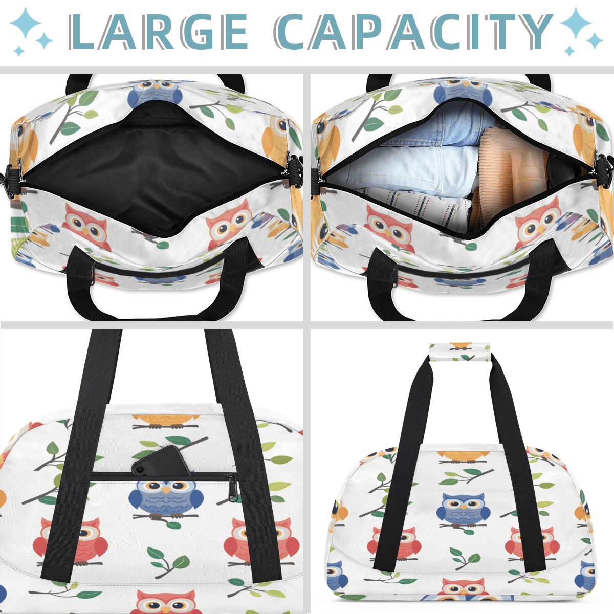 Herdesigns Owls Sports Duffle Bag for Women & Men, Gym Bag Dance Bag Overnight Bag Carry On Weekender Travel Bag