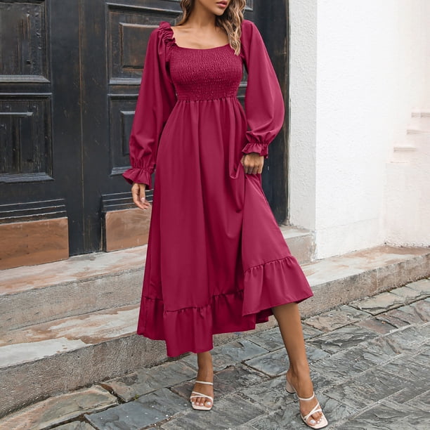 mfyjkho Vestidos para mujer, Vestido informal de color liso con volantes y cuello cuadrado para mujer Vestidos maxi para mujer m