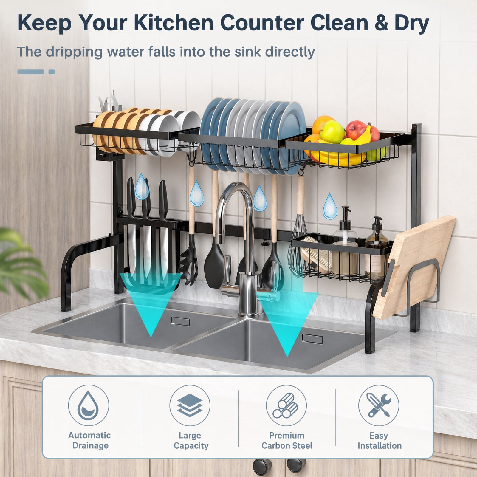 RUIE 2-Tier Over Sink Dish Drying Rack, Adjustable Dish Rack with 4 Baskets, Utensil Holder, Cutting Board Holder and 8 Hooks - Black