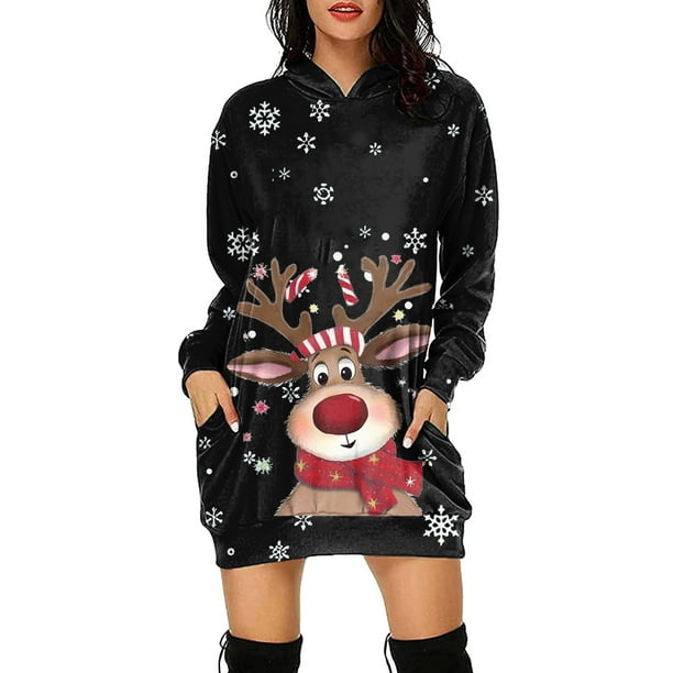 WILLBEST Sudadera Deportiva de Mujer, Estilo Casual, de Manga Larga, Ideal para Otoño E Invierno Sudadera con Capucha y Bolsillo, con Estampado Navideño Grande