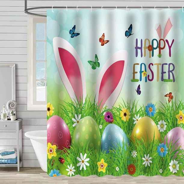 Cortina de ducha con decoración de Pascua, tela divisoria para baño, impresión digital, impermeable, con ganchos, de nailon y elastano.