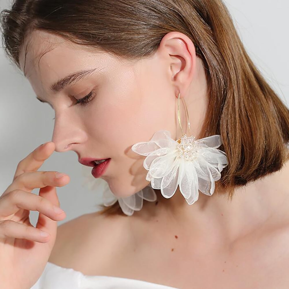 Large Fabric Flower Earrings – 10cm Chiffon Statement Earrings For Women, Prom, Wedding, Party Jewelry Gift In Black Or Red 5 thumbnail image