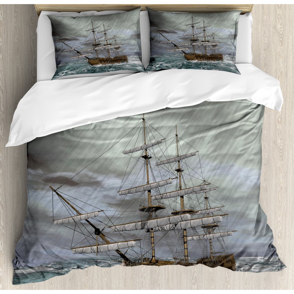 Nautical Duvet Cover Set Queen Size, Old Ship on the Ocean in Wave