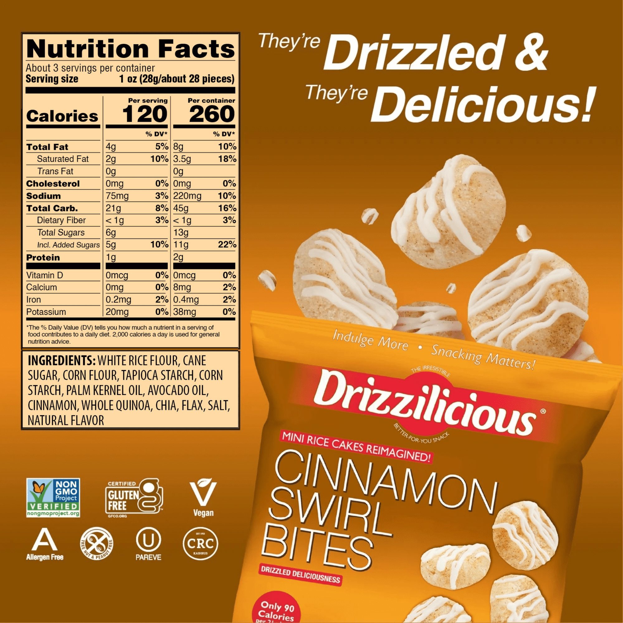 (3 pack) Drizzilicious Mini Rice Cakes, Cinnamon Swirl Flavored Rice Cake Gluten Free Snacks, Rice Crisps 60g