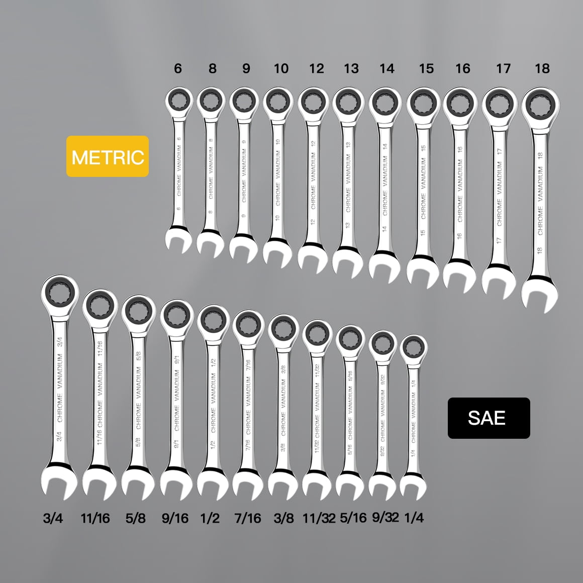 AIRAJ Ratcheting Wrench Set, 22-Piece Combination Wrench Set, SAE 1/4" to 3/4" & Metric 6-18mm, 72 Teeth