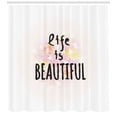 thumbnail image 3 of Quote Shower Curtain, Handwritten Font of Life is Beautiful Saying with Silhouette Floral Petals Background, Fabric Bathroom Set with Hooks, 69W X 84L Inches Extra Long, Multicolor, by Ambesonne, 3 of 3