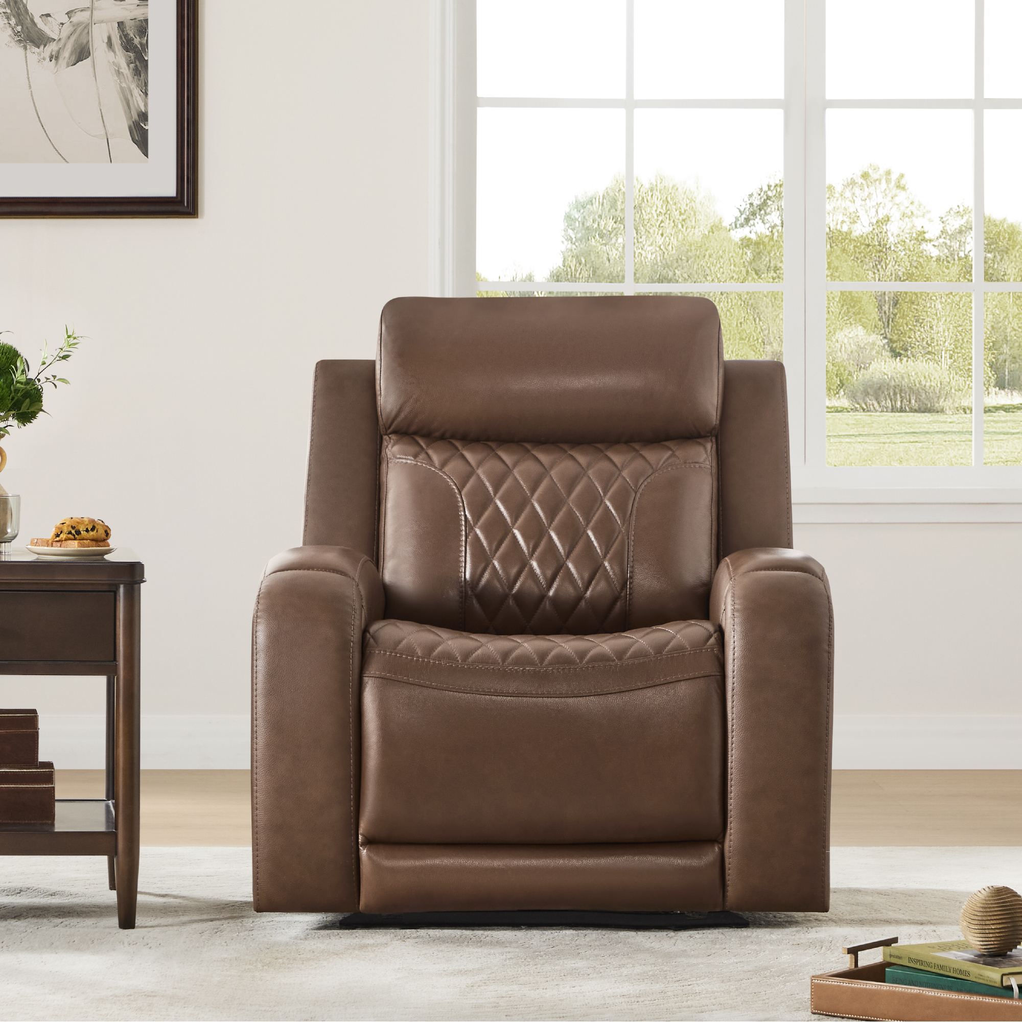 Spruce & Spring Leather Dual-Motor Lay Flat Recliner with Diamond Quilting, Cafe