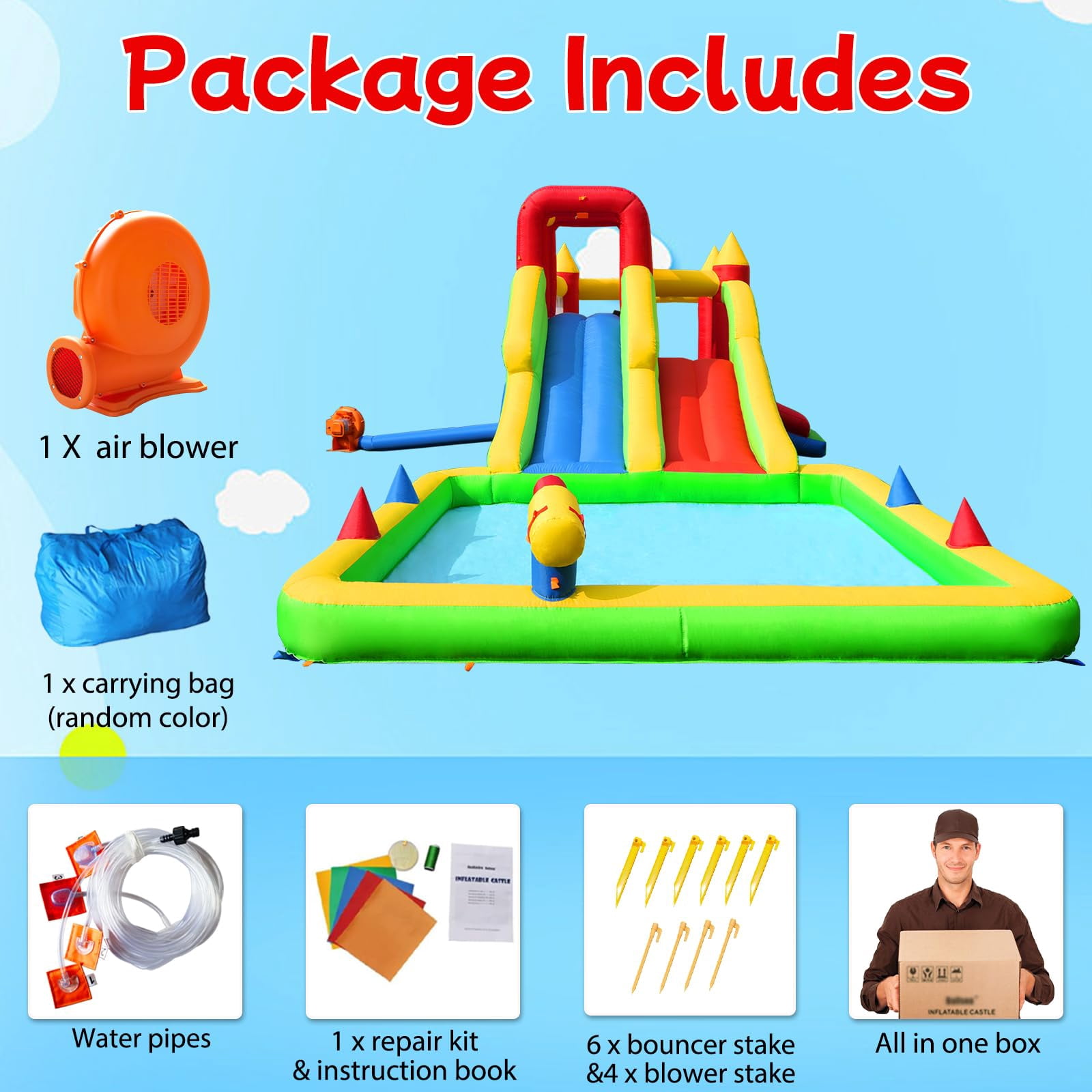 10-in-1 Inflatable Water Park Giant Backyard Play Center with 2 Slides