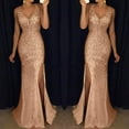 thumbnail image 1 of Robe de Bal de Fête à Paillettes pour Femmes, Aguichant, Dorée, Soirée, Demoiselle d'Honneur, Col en V, Longue, 1 of 5