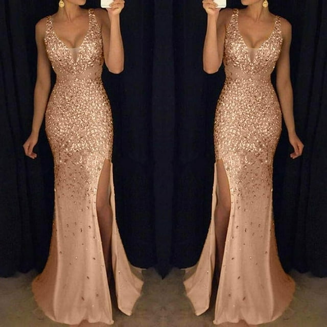 Robe de Bal de Fête à Paillettes pour Femmes, Aguichant, Dorée, Soirée, Demoiselle d'Honneur, Col en V, Longue