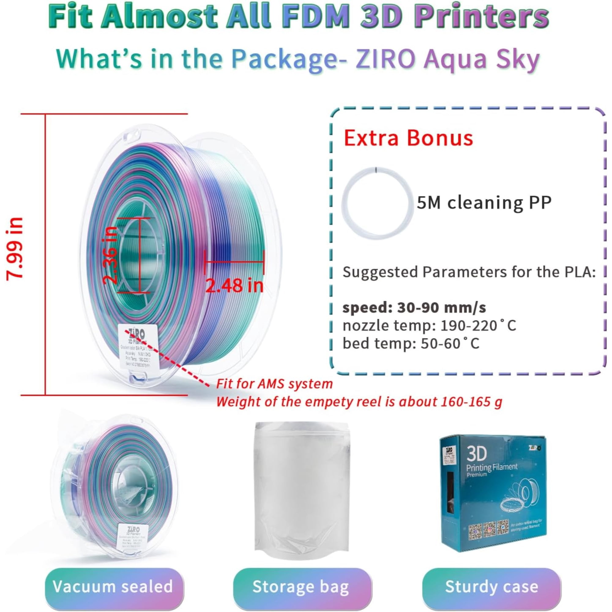 Ziro 3D Gradient Silk PLA Filament 1.75mm 1kg, Aqua sky