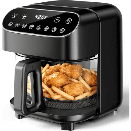 Auseo 4.5Qt Air Fryer, 1500W, 8-in-1 Functions, Visible Window and LED Digital Color Display, Dishwasher Safe, Black