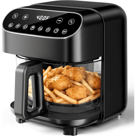 Auseo 4.5Qt Air Fryer, 1500W, 8-in-1 Functions, Visible Window and LED Digital Color Display, Dishwasher Safe, Black