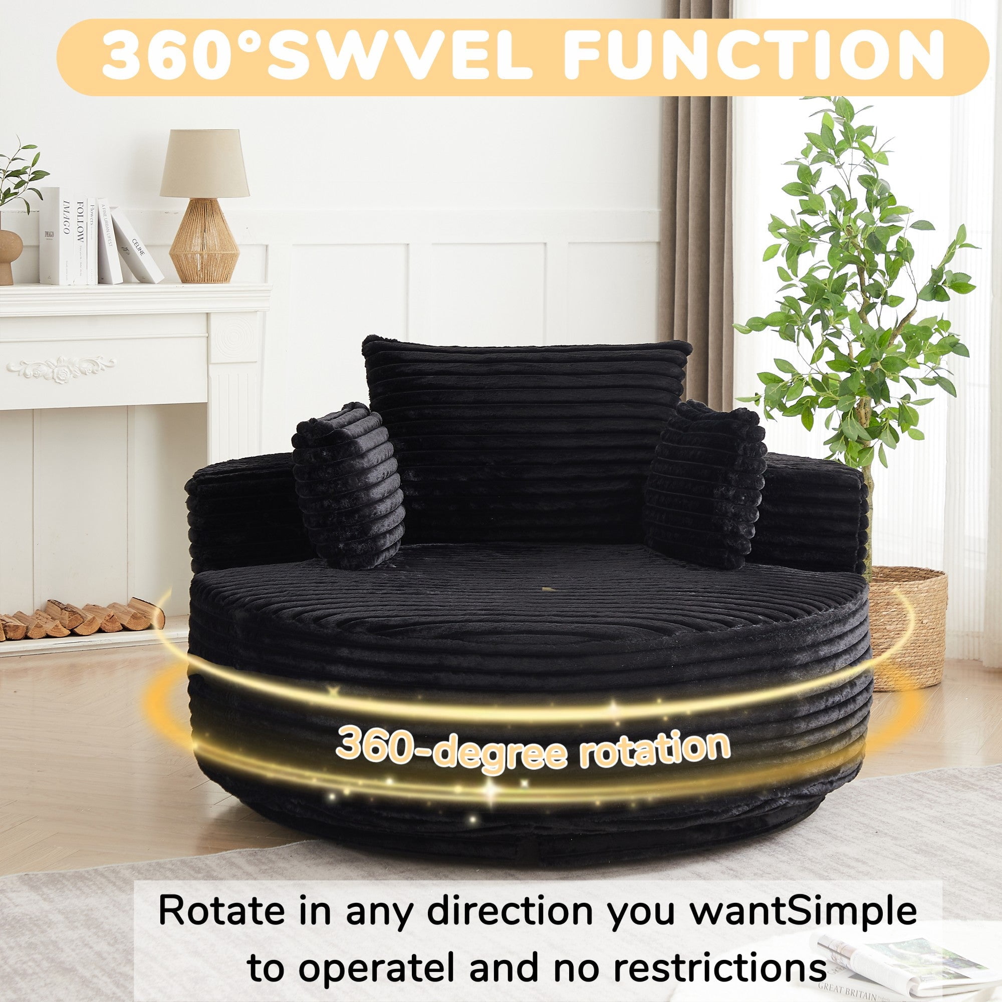 Sailvan 55" Corduroy Fabric Swivel Chair, Modern Round Sleeper Sofa with 360 Degree Rotation, Fluffy Foam Lounge Chair for Living Room Black