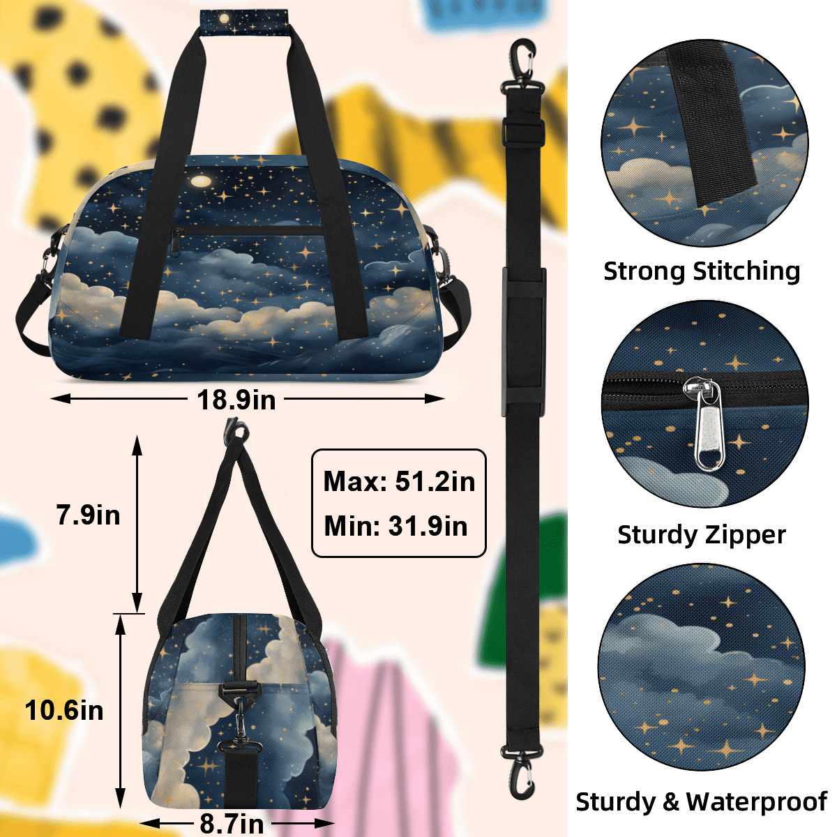 Herdesigns Cloud Galaxy Sports Duffle Bag for Women & Men, Space Nebula Stars Gym Bag Dance Bag Overnight Bag Carry On Weekender Travel Bag