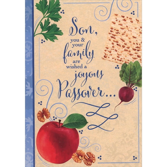 Designer Greetings Wished a Joyous Passover: Herbs, Matzah, Radish, Apple and Nuts Passover Card for Son and Family