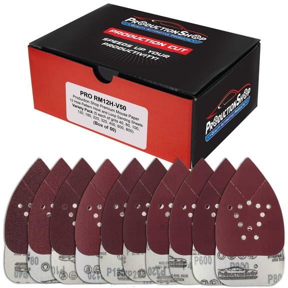ProductionShop Premium 12-Hole Pattern Mouse Detail Sander Sandpaper Sheets, 50 Disc Variety Pack, Grits 40, 80, 100, 120, 180, 220, 320, 400, 600, 800 - Hook & Loop Disc - Fits Black and Decker