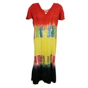 Mogul Short Sleeve Tank Dress Beach Cover Up Tie Dye Colorful Boho Style Dresses