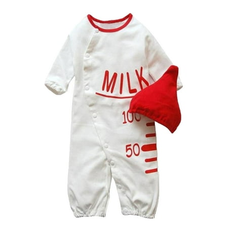 Bilo Milk Bottle Costume Baby Romper and Hat 2-piece (3-6 Months, White Long Sleeve)