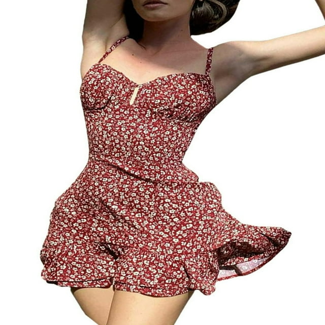 Robe Courte à Volants pour Femmes, Mignonne, à Imprimé Floral, Sans Manches, à Bretelles Spaghetti, Robe Trapèze