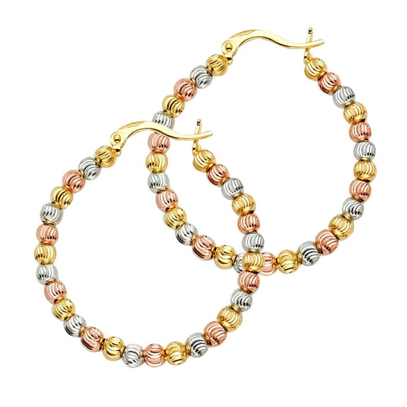Wellingsale Ladies 14k 3 Tri Color White Yellow and Rose Bead Hoop Earrings (30 x 30 mm)