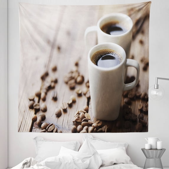 Coffee Tapestry, Espresso in Cups on Wooden Table with Beans Hot Drink for Romantic Couples, Fabric Wall Hanging Decor for Bedroom Living Room Dorm, 5 Sizes, Cocoa Brown White, by Ambesonne