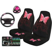 Auto Drive 5-Piece Pink Butterfly Steering Wheel and Seat Cover Kit