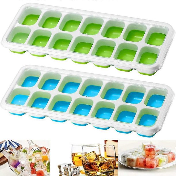 2 ice cube trays made of silicone with lid, 14 compartments with removable spill lid, ice cube shape