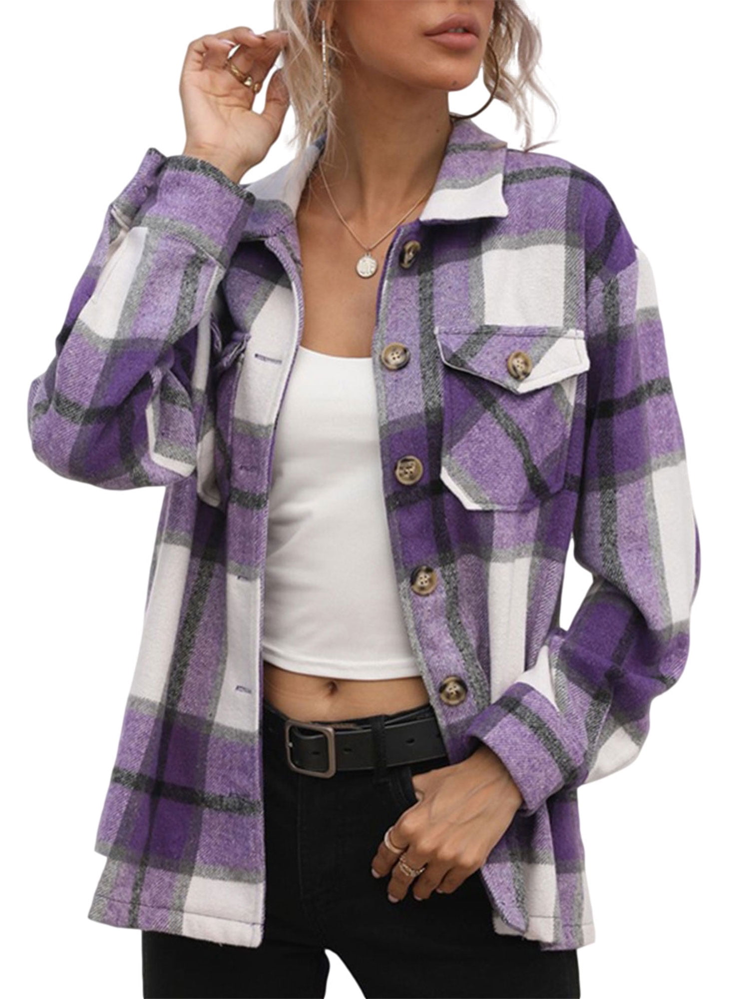 Fankle Womens Casual Vintage Plaid Lapel Button Up Pocketed Shacket Long Sleeve Jacket Coat Color Block Cardigan 
