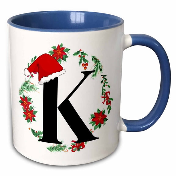 3drose, K Christmas Monogram Initial with Santa Hat and Wreathe, 15oz Two-tone Blue Mug