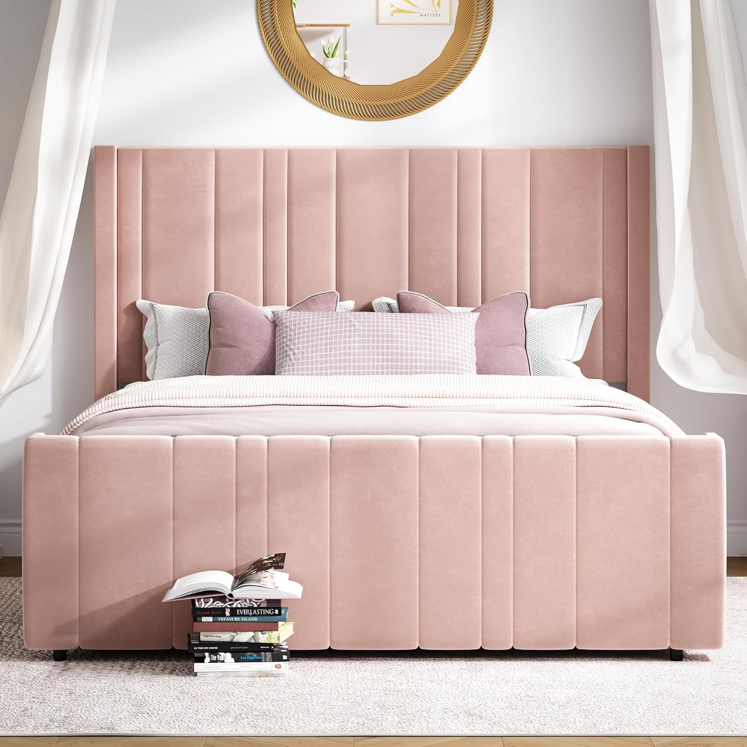 4 EVER WINNER Full Size Bed Frame, Velvet Upholstered Platform Bed Frame with Headboard, White Full Bed Frame, White