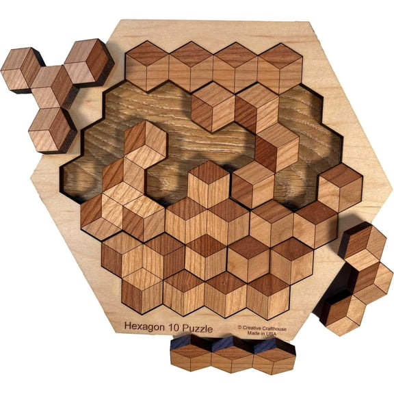 Creative Crafthouse Hexagon 10 Puzzle, 20  Solutions Wood STEM Toy, USA Made