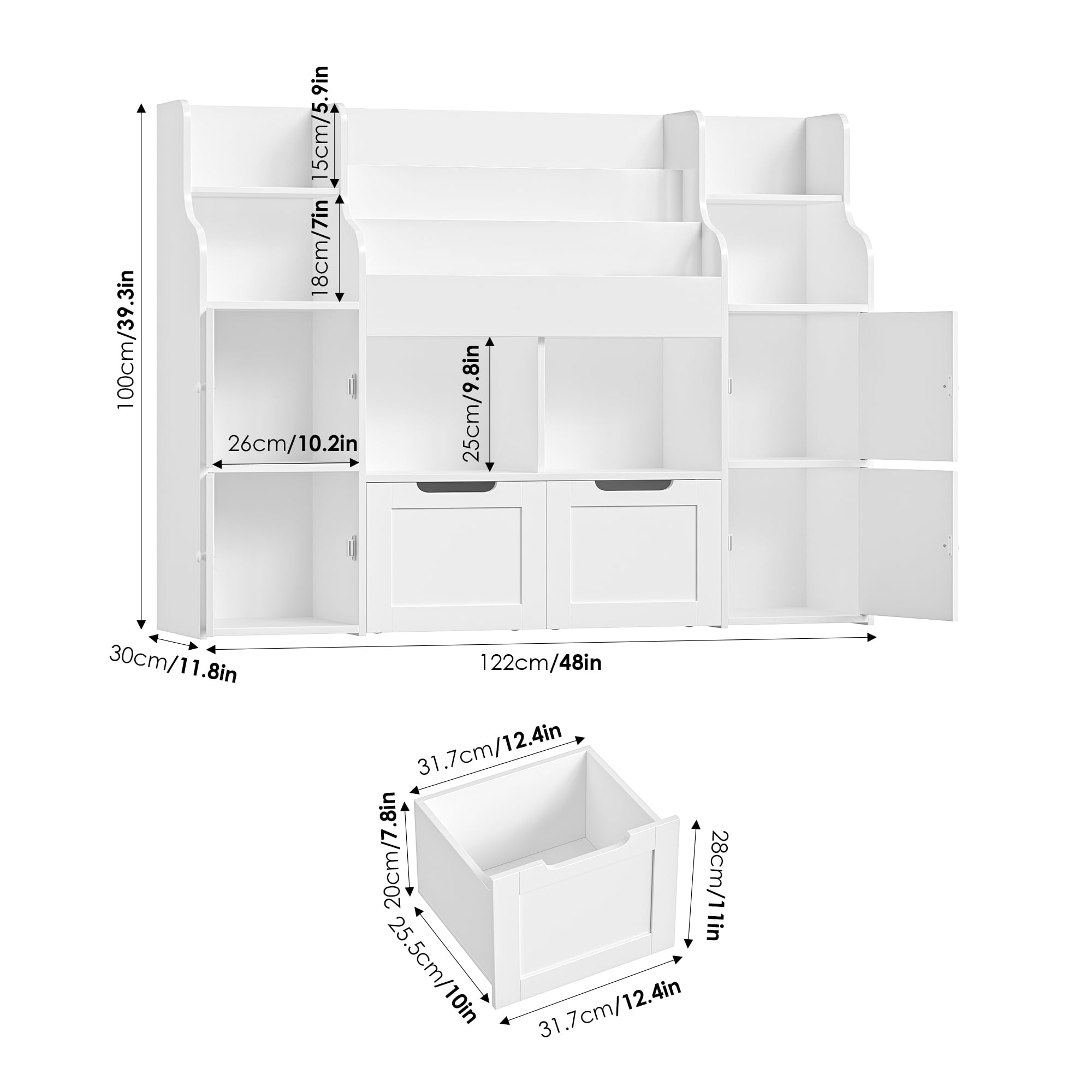 Homfa 4 Doors Kids Bookcase with 3 Tier Book Racks & 2 Mobile Drawers, 4 Cube Bookshelves Toy Storage Organizer for Playroom Kids Room, White