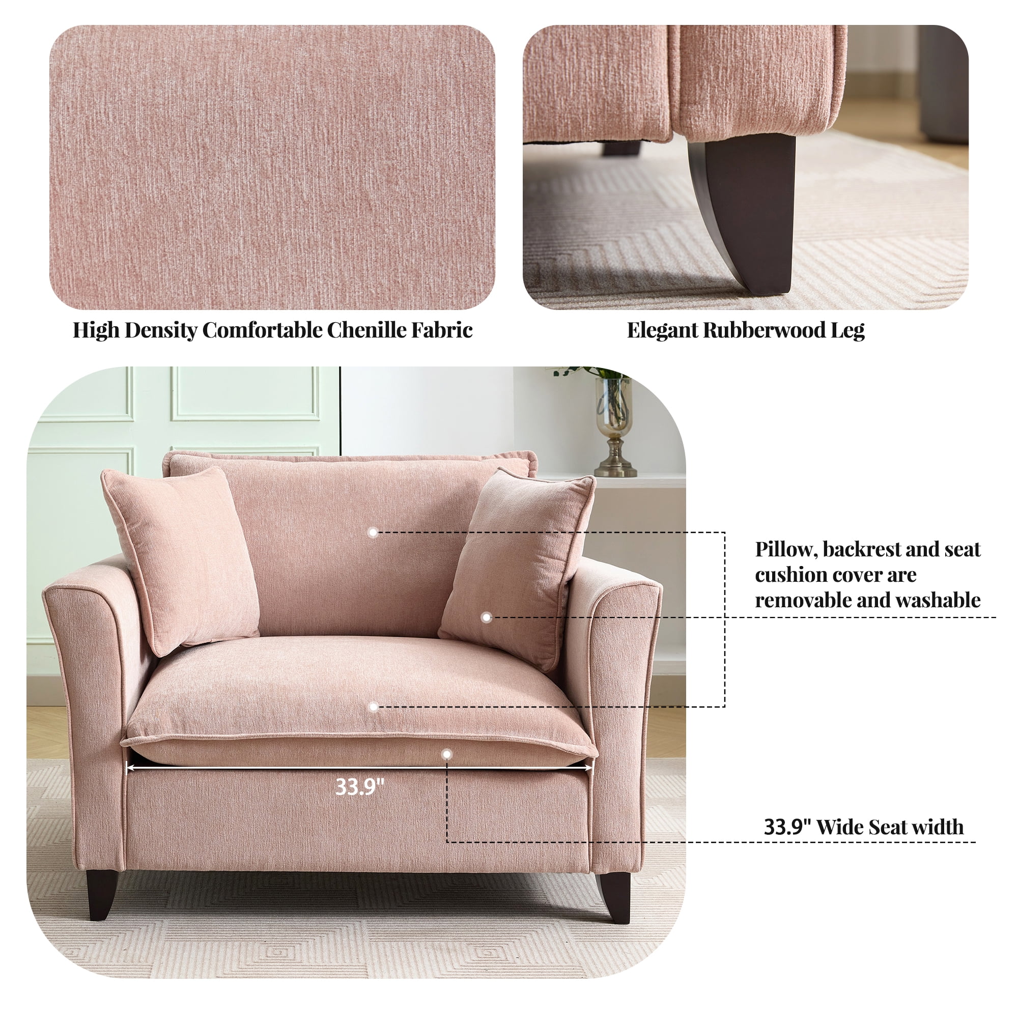 Euroco 46.9" Oversized Armchair, Chenille Fabric, Comfy Chair and a Half Single Sofa with Pillow for Living Room Bedroom Office Apartment, Pink