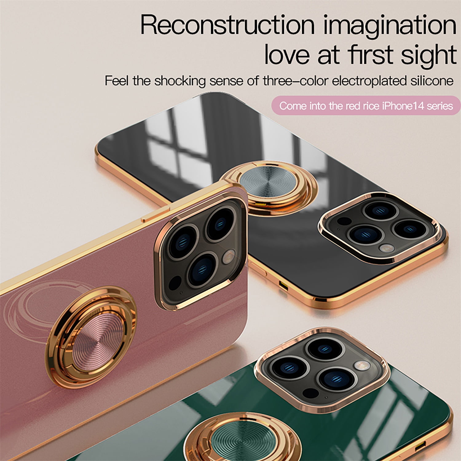 for iPhone 14 Designer Case,Luxury Elegant Phone Case with Kickstand Ring  Stand for Women Girls Soft TPU Metal Edges Shockproof Protective Cover Black