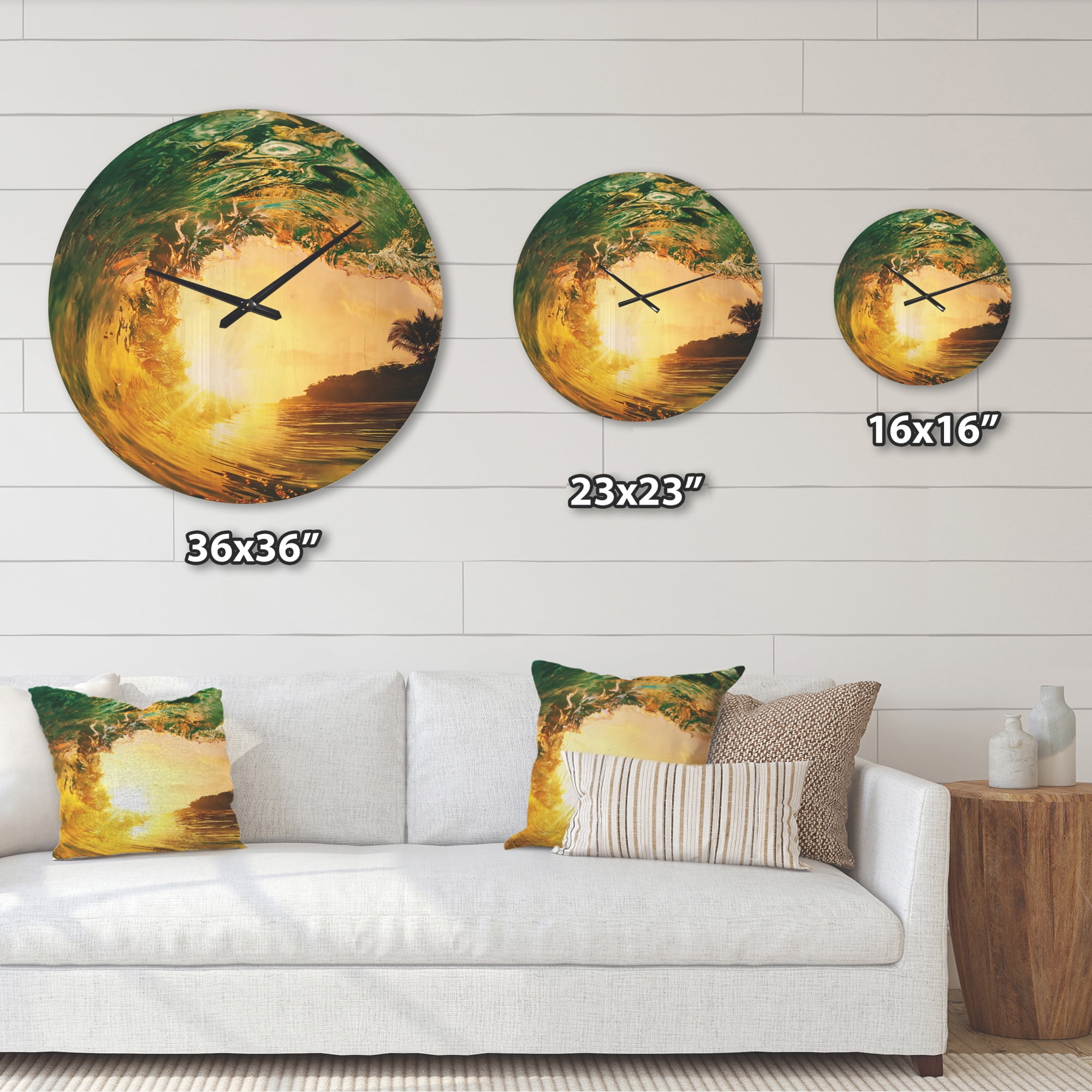 Designart 'Colored Ocean Waves Falling Down At Sunset IV' Coastal Wood Wall Clock