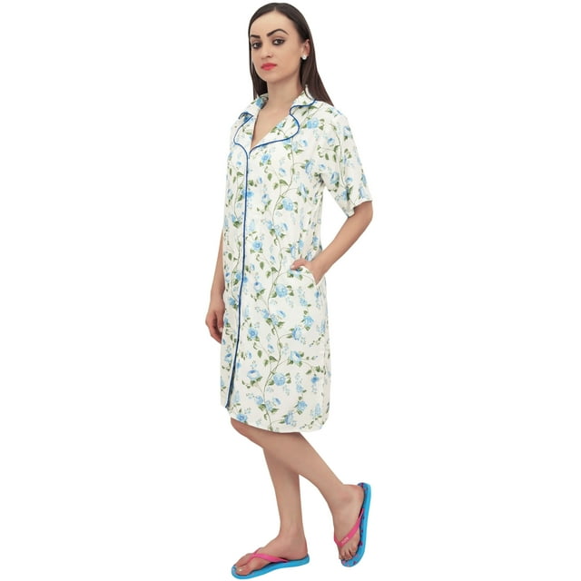 Bimba Chemise de Nuit à Manches Courtes Imprimée Florale Bleue pour Femmes avec Poches - 20