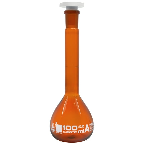 Volumetric Flask, 100ml - Amber - Fitted with 14/23 Polypropylene Stopper - Class A, Tolerance 0.10 ml - White Graduation Mark - Borosilicate Glass - Eisco Labs
