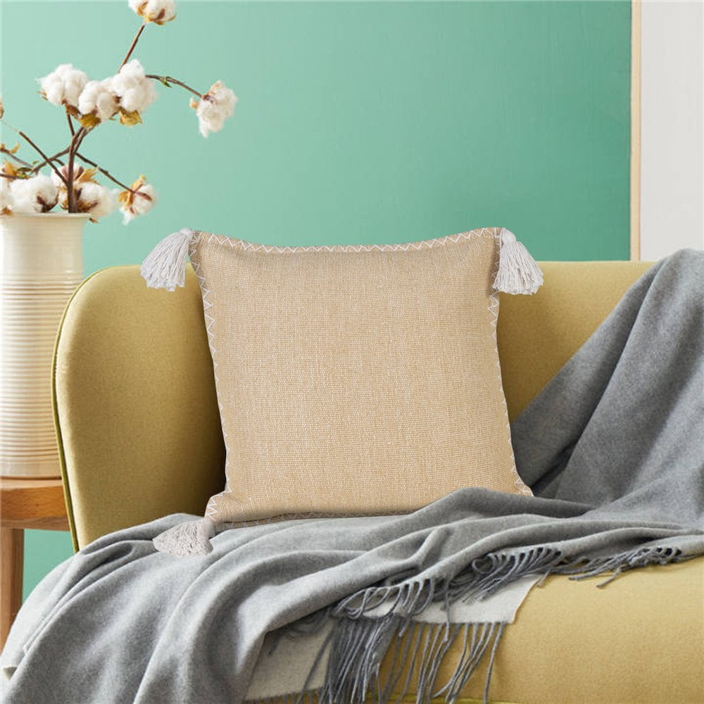 LR Home Ox Bay Hand-Woven Tan/White Solid All-Natural Cotton Pillow Cover