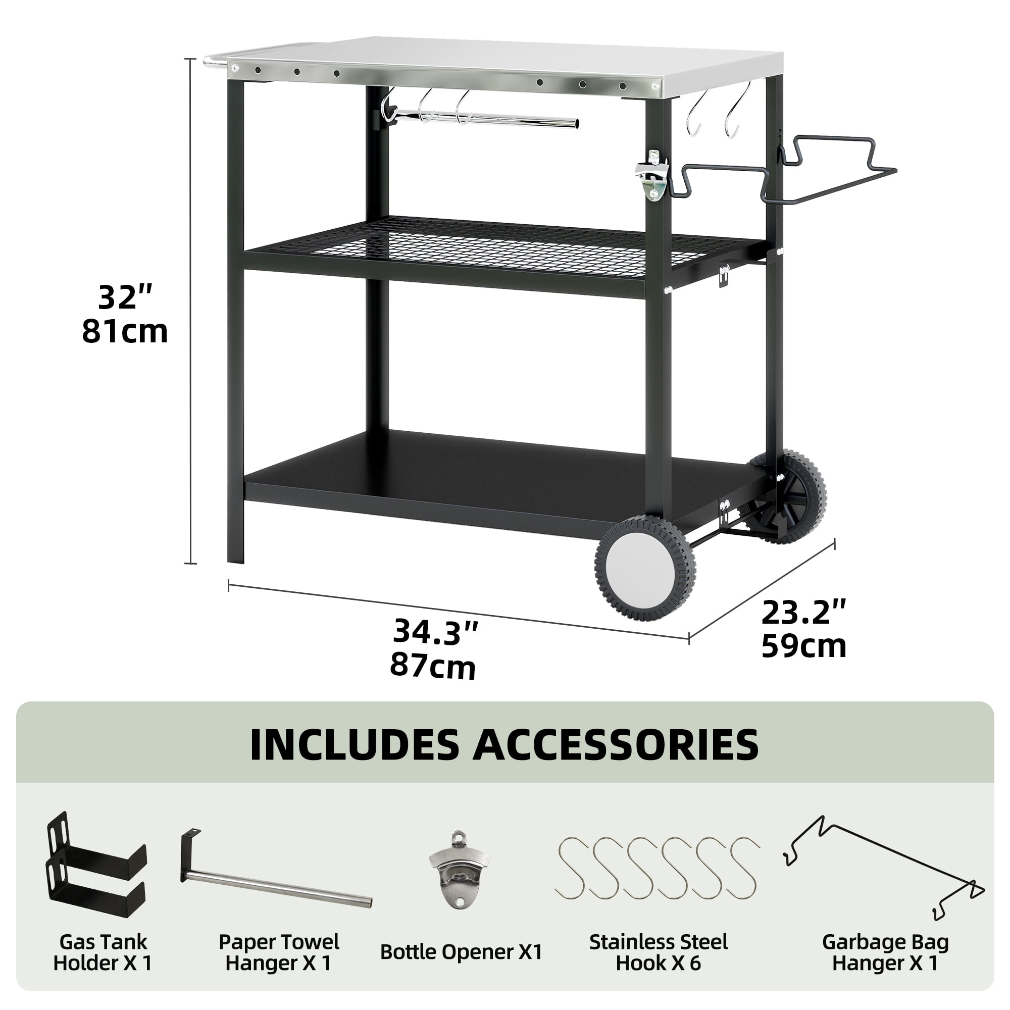 Uforic Rolling Outdoor Grill Table with Wheels, 3 Shelf Pizza Oven Cart, Outside Food Prep Stand