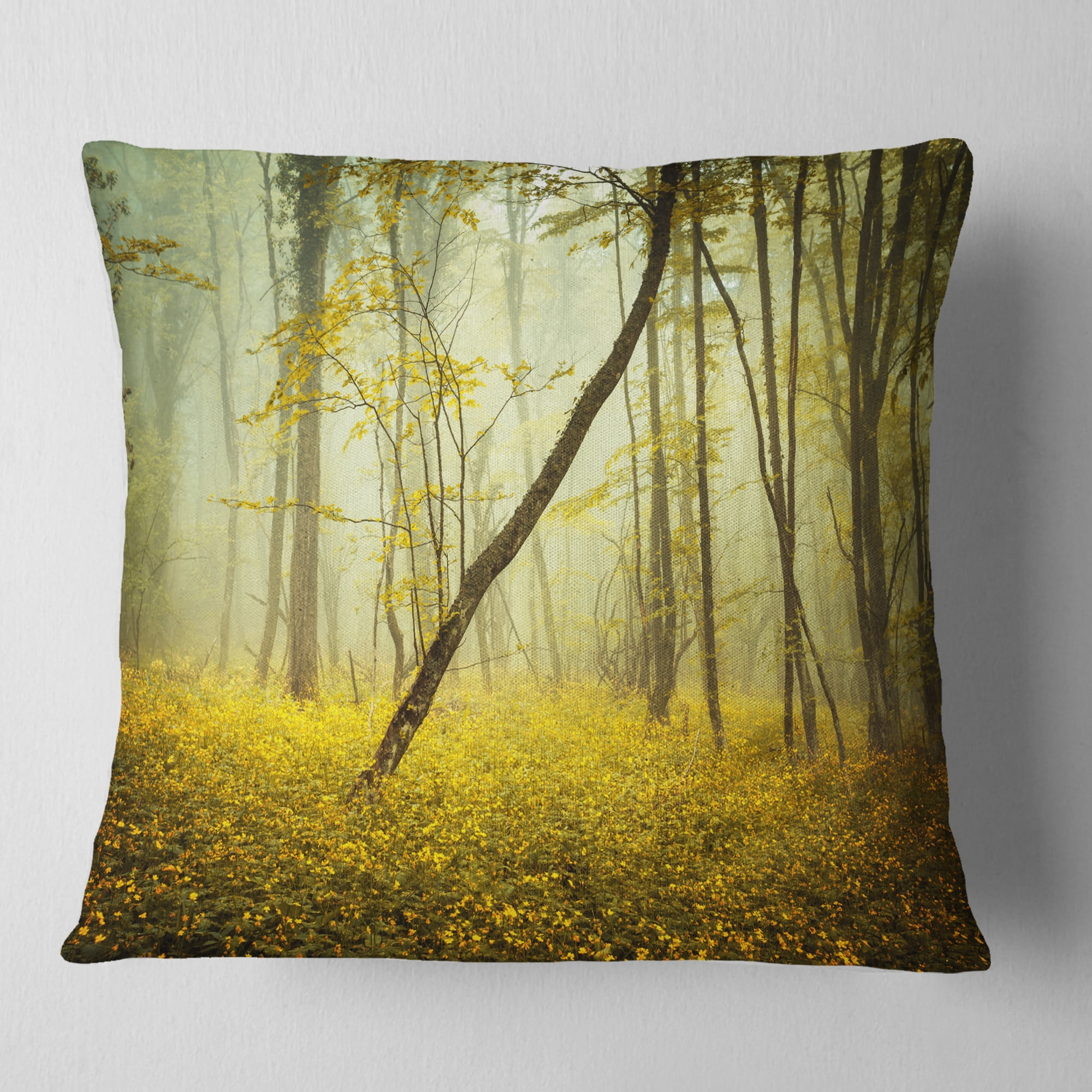 Designart Forest with Yellow Flowers - Landscape Photography Throw Pillow - 16x16