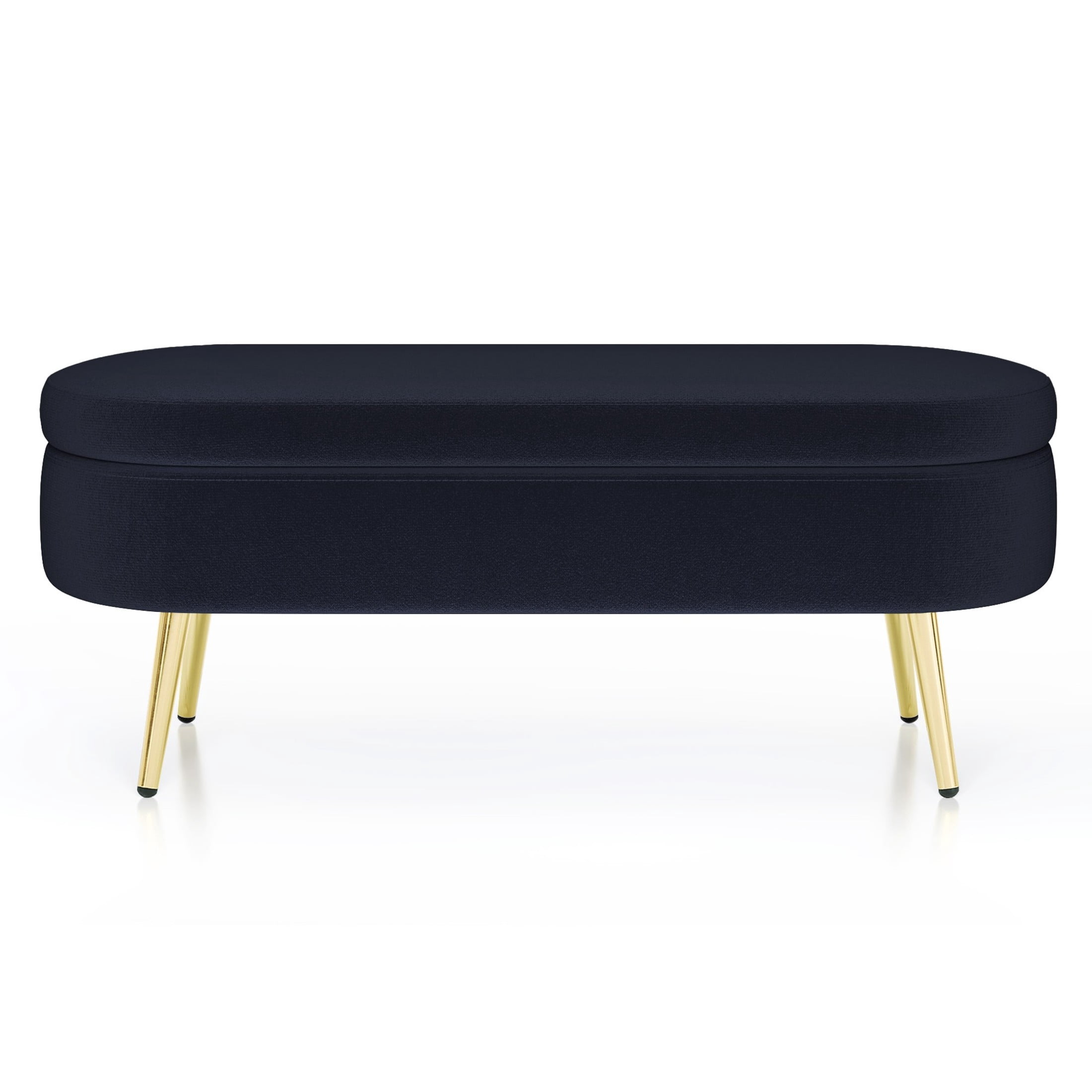 Noble House Dyani 43" Oval Flannel Storage Ottoman Bench, Upholstered Footrest with Metal Legs, Black