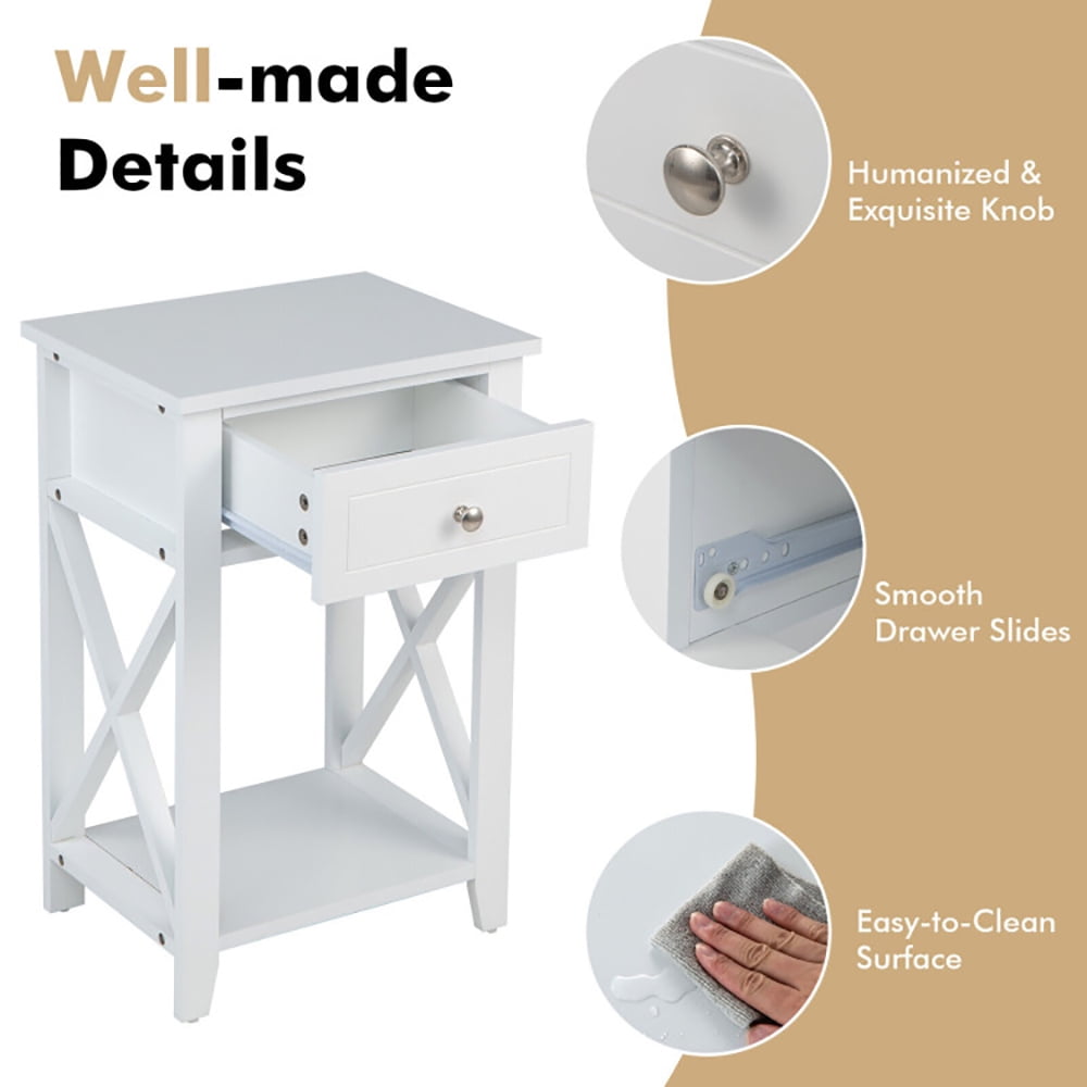 Finihen End Table, Nightstand, Bedside Storage Nightstand with Drawer and Bottom Shelf, Sofa Side Table, Bed Side Table, for Living Room, Bedroom, White Finihen End Table, Nightstand, Bedside Storage Nightstand with Drawer and Bottom Shelf, Sofa Side Table, Bed Side Table, for Living Room, Bedroom, White