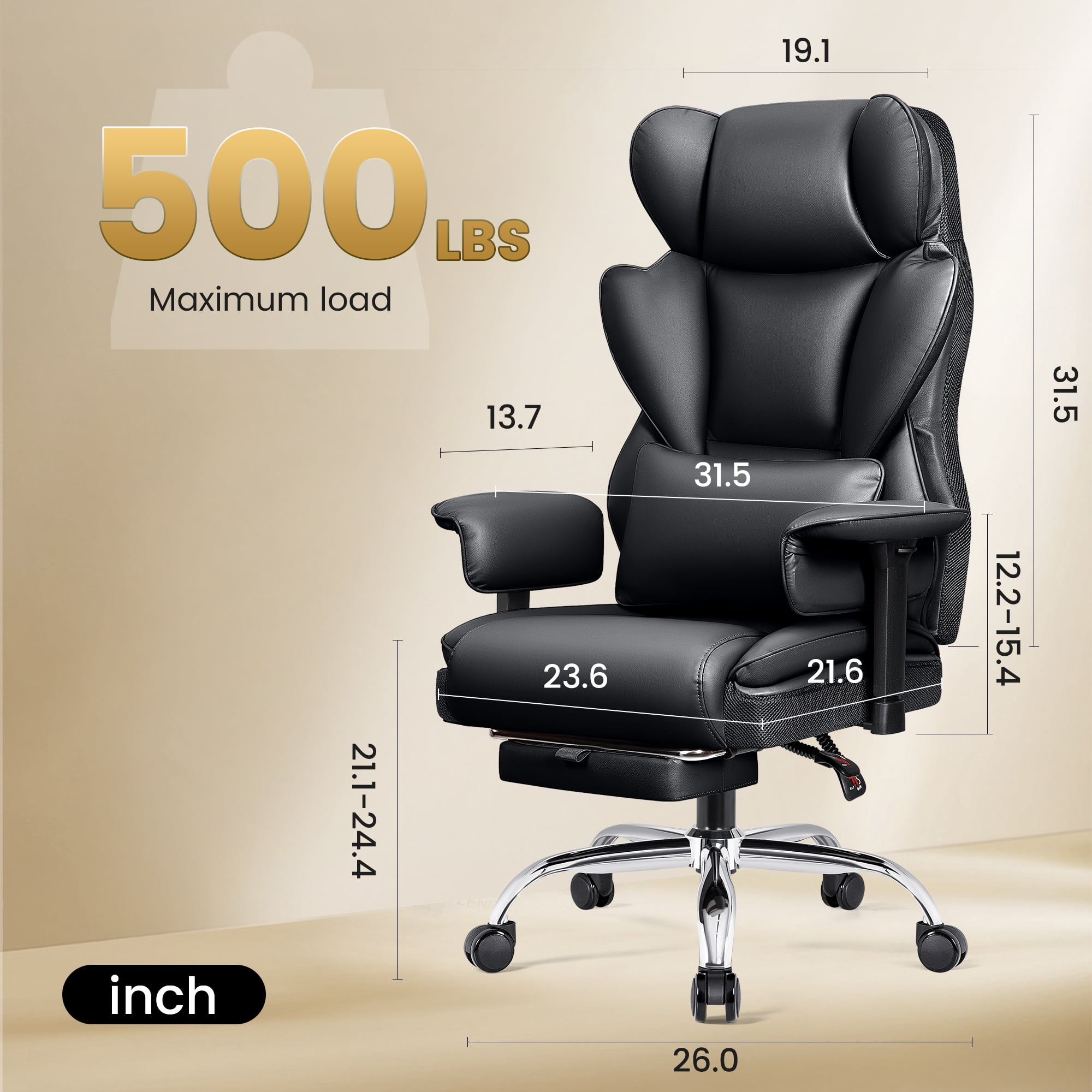 COOLHUT Large Executive PU Leather Office Chair with Adjustable Armrests and Footrest, High Back and Lumbar Support, Ideal for Big and Tall Users, Perfect for Home Office or Computer Desk Use, Black