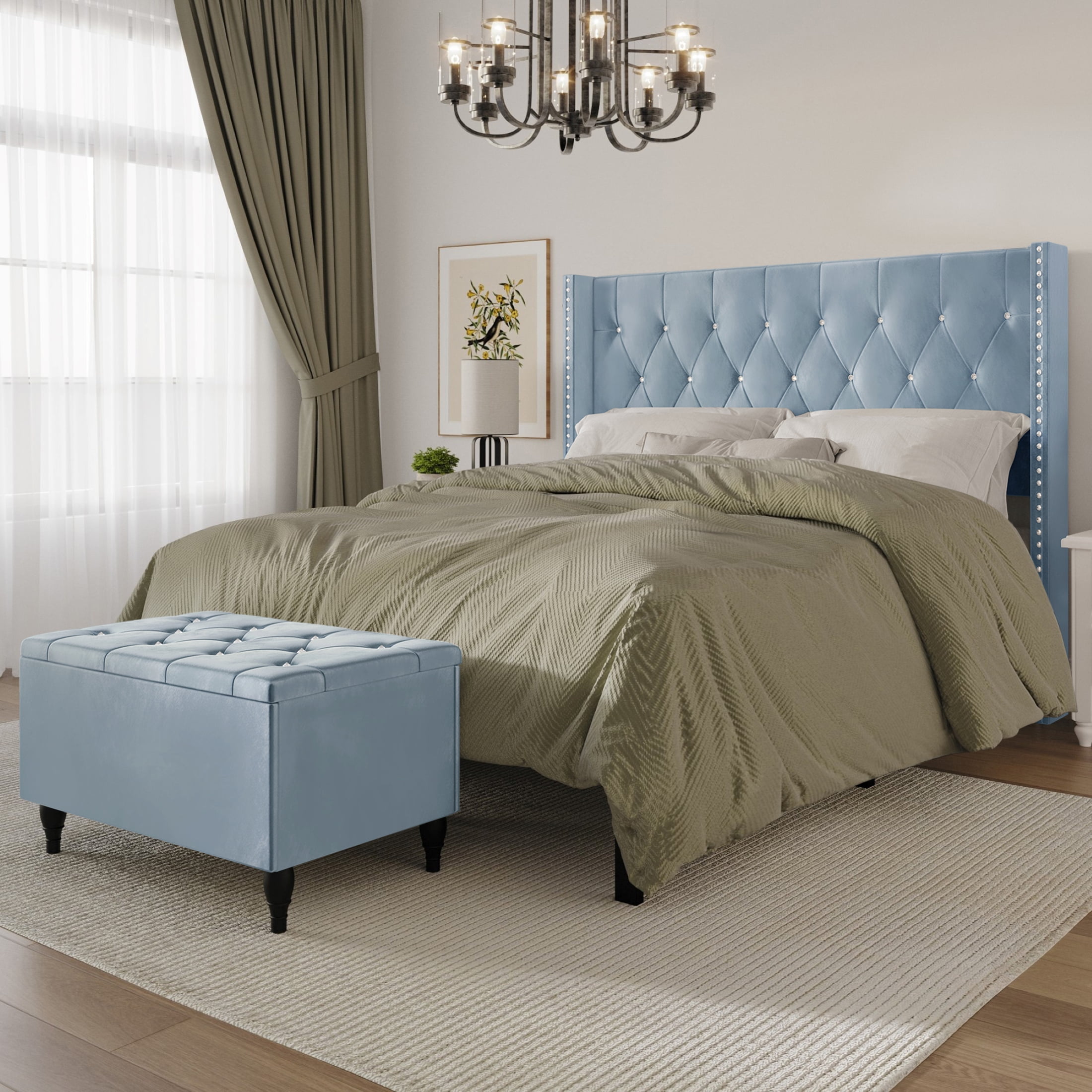 Castle Place Button Tufted Wingback Velvet Upholstered Bed with Storage Bench, Light Blue, King
