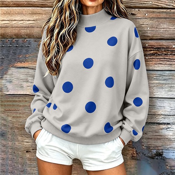 thefmos Women's Mock Neck Fleece Polka Dot Pullover Sweatshirt Ribbed Cuffs Long Sleeve Casual Cozy Top Fashion Fall Winter Outfit, Gray L