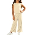thumbnail image 3 of THDHVS Girls Fall Outfits,Girls Ribbed Sleeveless Round Neck Top Wide Leg Pants Summer Stretchy Casual 2 Piece Set,Toddler Girl Outfits Beige 5-7 Years, 3 of 8