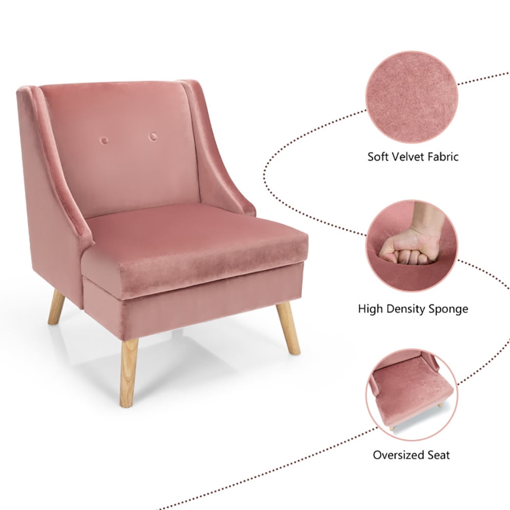 Finihen Comfy Velvet Accent Armless Chair, Velvet Wing Back Accent Chair with Rubber Wood Legs and Padded Seat, for Living Room, Bedroom, Pink